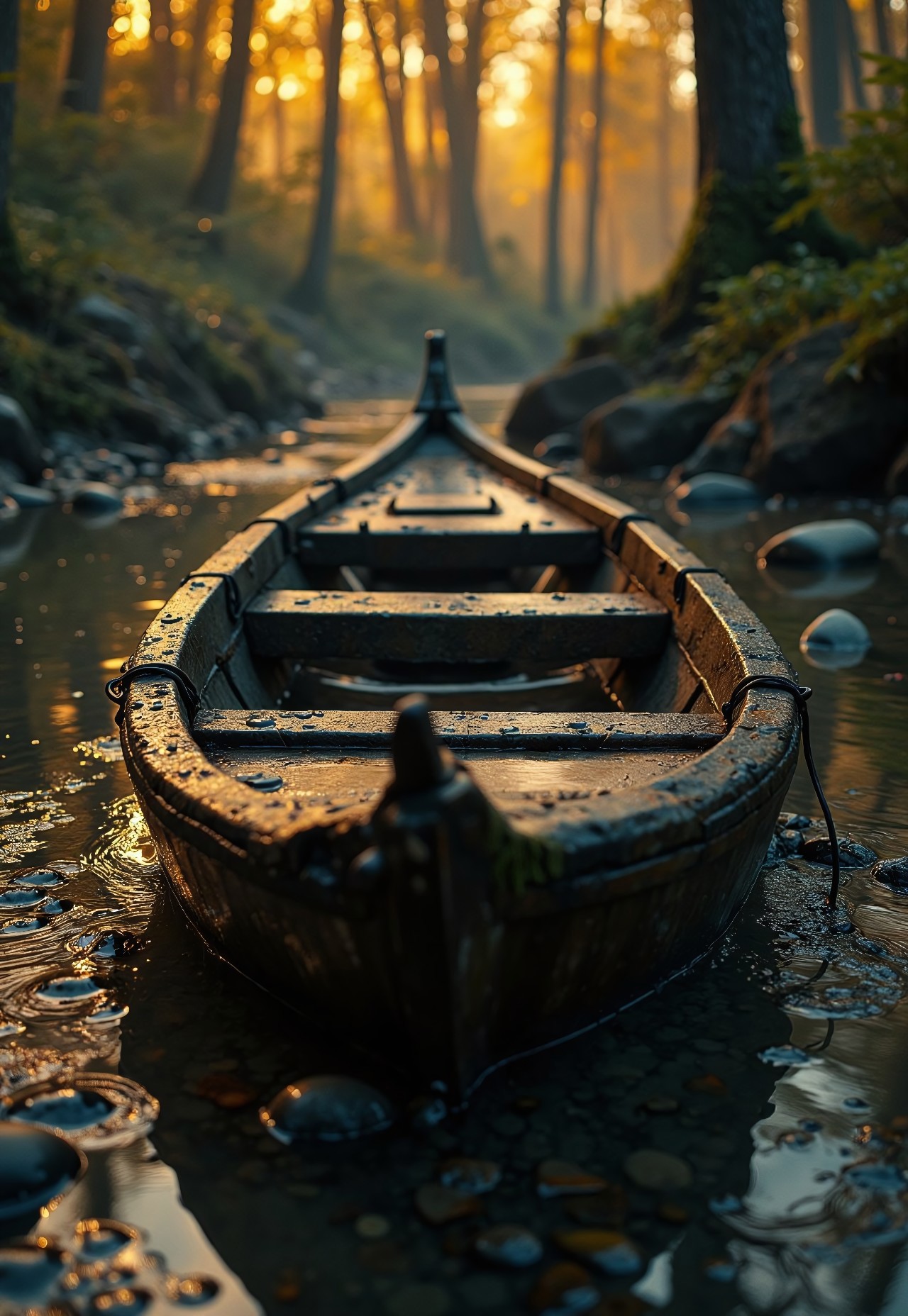 A highly detailed cinematic photography.
Boat, dripping, water, reflections, transparency, provoking, vivid color, Mordor: A dark and evil land ruled by the dark lord Sauron, Ernst Haas,  golden hour.