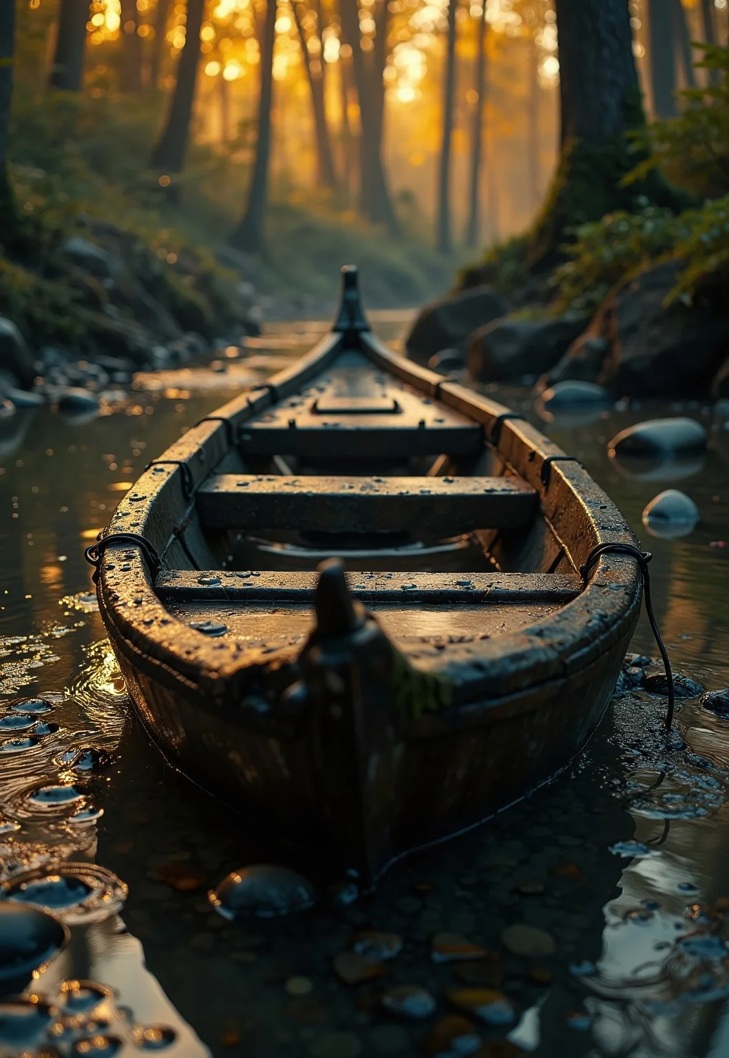 A highly detailed cinematic photography.
Boat, dripping, water, reflections, transparency, provoking, vivid color, Mordor: A dark and evil land ruled by the dark lord Sauron, Ernst Haas, golden hour.