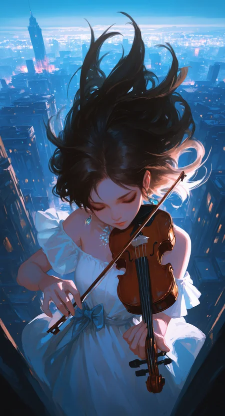 masterpiece, best quality, good quality, very aesthetic, absurdres, newest,1girl, solo, long hair, shirt, brown hair, black hair, white Off-shoulder dress, holding, closed mouth, jewelry, upper body, closed eyes, earrings, sleeveless, lips, instrument, nose, music, holding instrument, playing instrument, violin, bow \(music\), holding violin,
outdoors,sky, wind, Wide Shot, From Above,From Above,
The overall scene should have a bright and colorful atmosphere, with the main tone being light blue.
City Lights Lighting, <lora:spo_sdxl_10ep_4k-data_lora_webui:0.6> <lora:ponyv5_noobV065S_1_adamW-000013:0.7> <lora:USNR_STYLE_XL_lokr:0.5> <lora:EtherSDXL:0.15> <lora:748cmSDXL:0.3>