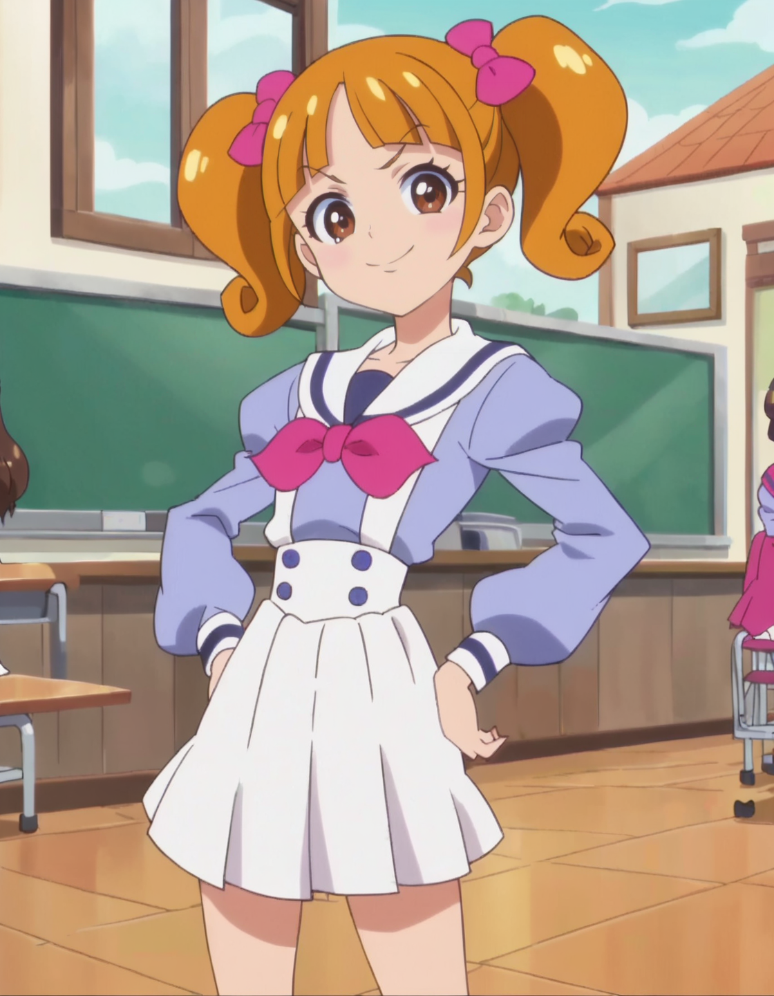 score_9, score_8_up, score_7_up, anime screencap,1girl, solo, school uniform, brown eyes, hands on hips, twintails, skirt, looking at viewer, brown hair, smile, bow, short hair, hair bow, pink bow, white skirt, long sleeves <lora:IchijoRankoV2:0.8>