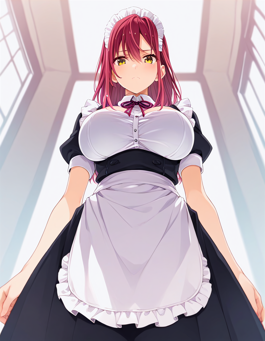 1girl,solo,<lora:neya_i_epoch_10:0.8>,neya_i,large breasts,maid,frown,from below,, score_9, score_8_up, score_7_up, source_anime,
