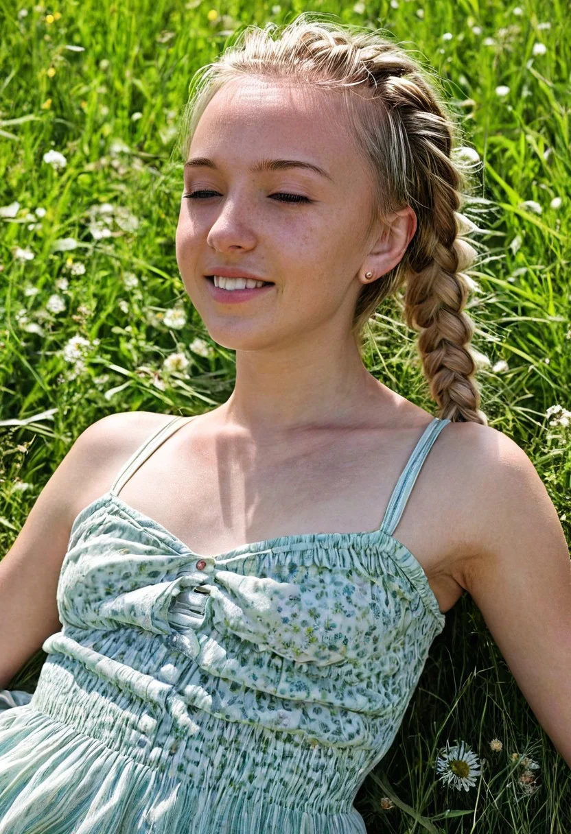 epiCRealism, profesional portrait in UHD of a ((blonde girl with intricate detailed braids)),  ((ultra-dynamic angle)), reclined and basking in the radiant beauty of a blooming meadow , happy, smiling, half closed eyes, relaxed, wearing a sundress with very thin straps that slip down from her shoulders revealing the curve of her breasts, perspiration, blush, freckles, natural skin, puffies, a golden pendant matching small golden earrings, eyedetailpxl