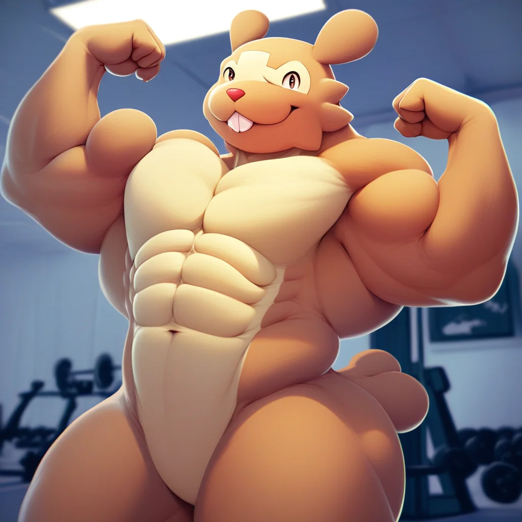 score_9, score_8_up, score_8, furry, Bidoof, pokemon (creature), buckteeth, cartoon style, smooth lines, countershading, soft shading, 2d, extreme detail, 4K, high definition, high resolution, muscular male, big pecs, abs, thick thighs, wide hips, nude, featureless crotch, flexing biceps, looking at viewer, smug expression, one eyebrow raised, inside, gym