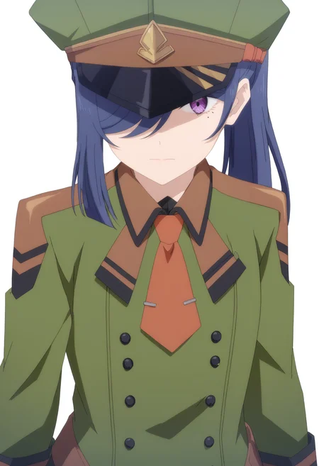 <lora:ZENO:1>,
Zeno,solo,necktie,mole,hat,military uniform,mole under eye,uniform,white background,military,purple eyes,long hair,hair over one eye,green jacket,looking at viewer,closed mouth,military hat,jacket,shirt,peaked cap,orange necktie,red necktie,buttons,collared shirt,ponytail,green headwear,double-breasted,long sleeves,anime screencap,
cowboy_shot