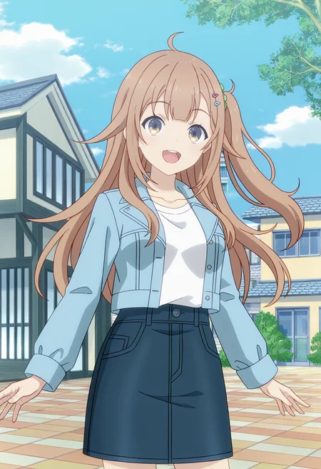 <lora:Shinon Ogawa_illustrious-000038:1>,
Shinon Ogawa,1girl,outdoors,solo,skirt,sky,tree,hair ornament,smile,open mouth,shirt,day,cloud,white shirt,denim skirt,jacket,long sleeves,building,blue sky,ahoge,house,:d,blue jacket,standing