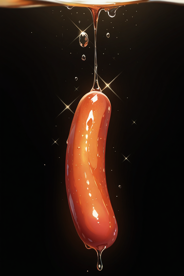 realistic shading, natural lighting, food focus, dafoodie, sparkling food focus, sparkle, floating single sausage, oily, oil drop, wet, meaty, simple plain black background, centered, dutch angle, dynamic angle, intricately detailed illustration, depth of field, atmospheric perspective, masterpiece, best quality, amazing quality, very aesthetic, absurdres, newest