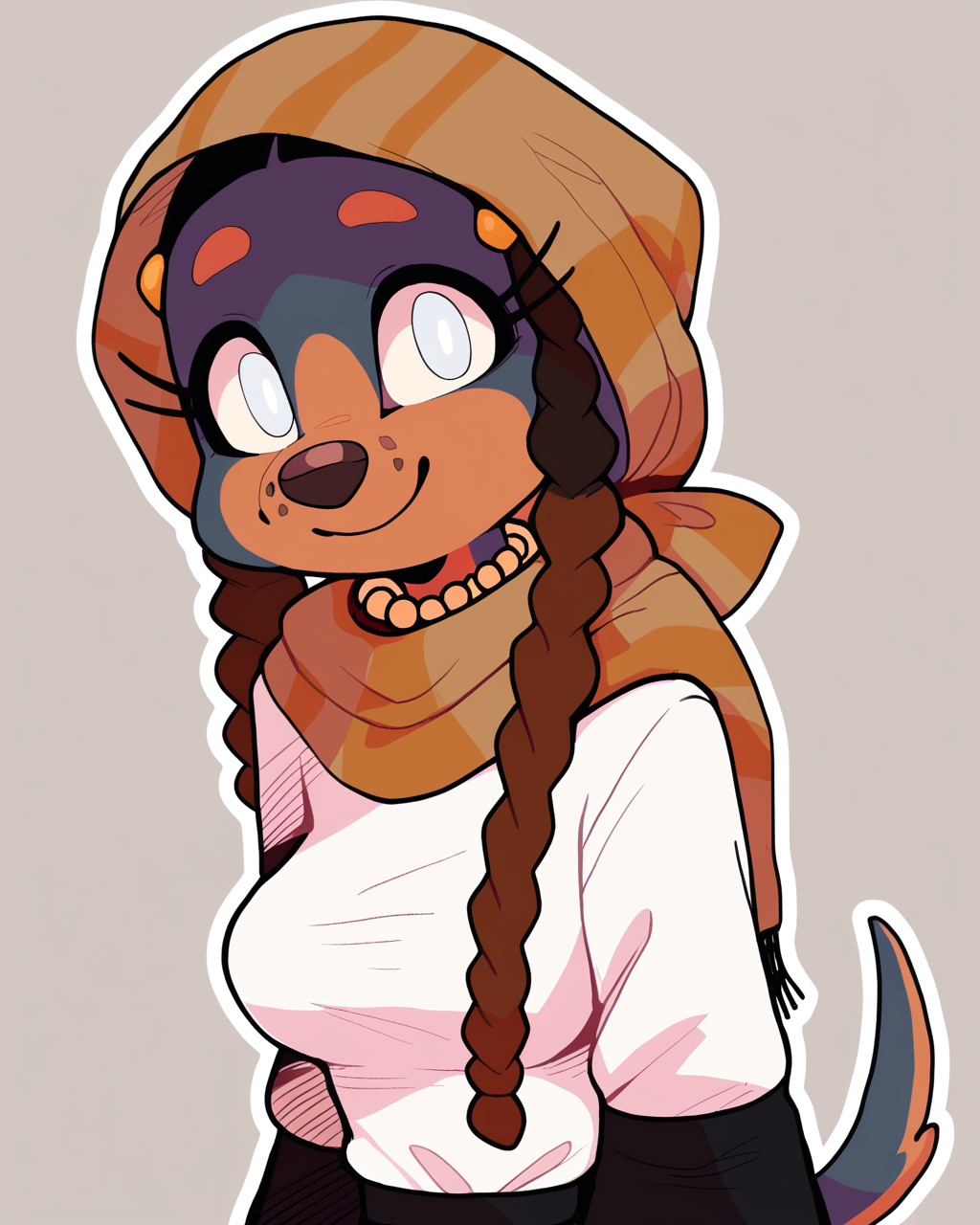 score_9_up, score_8_up, score_7_up, score_6_up, half-length portrait, dog, furry female, multicolored body, blind, brown headscarf, female, furry, tail, white eyes, medium breasts, braided pigtails, solo, happy, smile, three-quarter view, pearl necklace, necklace, black skirt, white topwear, simple background, white outline, <lora:Leah_Pines(AIM)_XL_v1:0.15> <lora:PDXL_artist_tags_v2_big:0.5> <lora:The-Minuscule-Task_PDXL_v1.0:0.6> <lora:Quelea_CanaryPrimary:0.7>