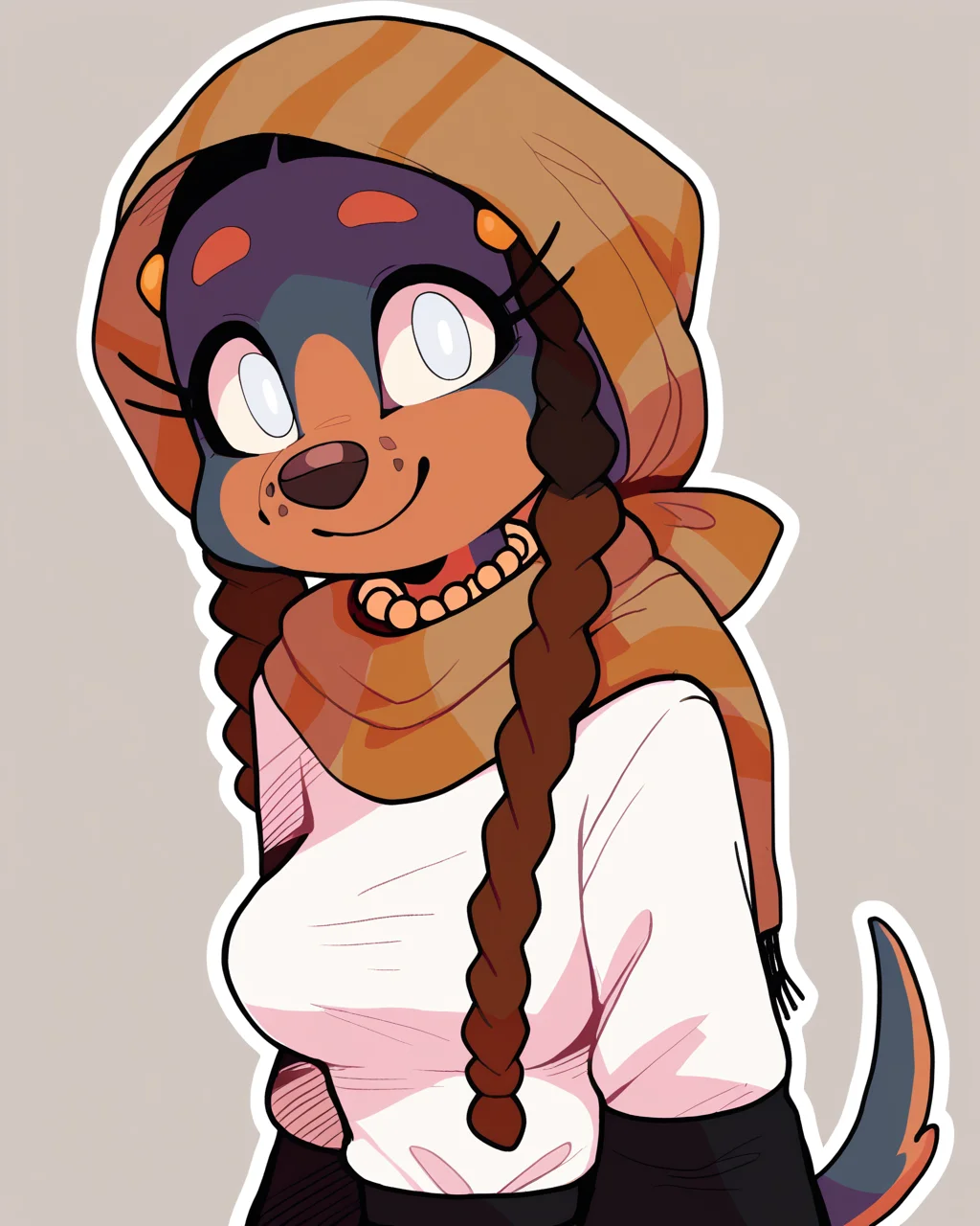 score_9_up, score_8_up, score_7_up, score_6_up, half-length portrait, dog, furry female, multicolored body, blind, brown headscarf, female, furry, tail, white eyes, medium breasts, braided pigtails, solo, happy, smile, three-quarter view, pearl necklace, necklace, black skirt, white topwear, simple background, white outline, <lora:Leah_Pines(AIM)_XL_v1:0.15> <lora:PDXL_artist_tags_v2_big:0.5> <lora:The-Minuscule-Task_PDXL_v1.0:0.6> <lora:Quelea_CanaryPrimary:0.7>