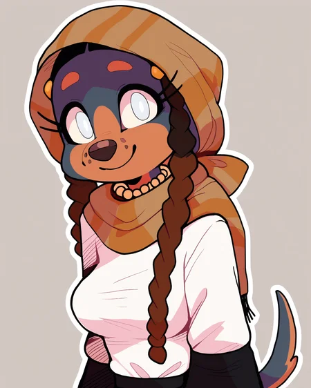 score_9_up, score_8_up, score_7_up, score_6_up, half-length portrait, dog, furry female, multicolored body, blind, brown headscarf, female, furry, tail, white eyes, medium breasts, braided pigtails, solo, happy, smile, three-quarter view, pearl necklace, necklace, black skirt, white topwear, simple background, white outline, <lora:Leah_Pines(AIM)_XL_v1:0.15> <lora:PDXL_artist_tags_v2_big:0.5> <lora:The-Minuscule-Task_PDXL_v1.0:0.6> <lora:Quelea_CanaryPrimary:0.7>