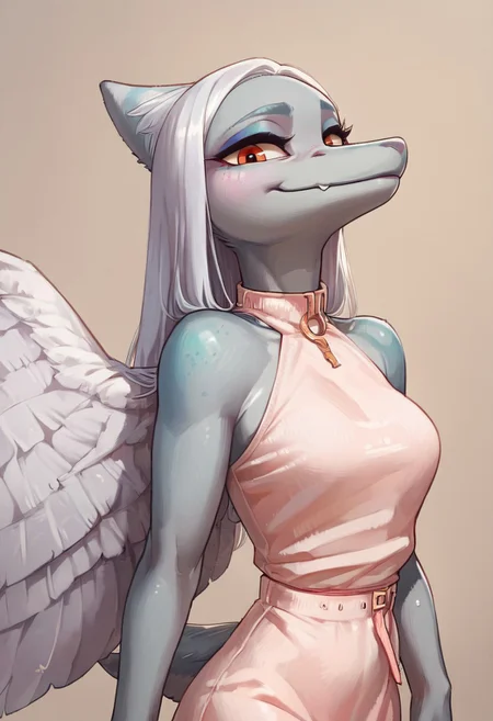 score_9, score_8_up, score_7_up, score_6_up,simple background, 1girl, Snoot Fang, short tail, anthro, wings, silver hair, gray skin, looking at viewer, portrait, clothed,