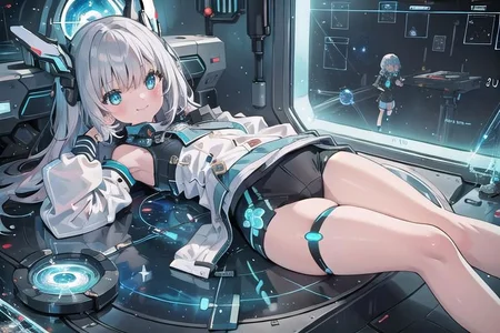 (masterpiece), (science fiction:1.4), 1girl, lying on the back on a mirror, lying on the back on a mirror, lying on the back on a mirror, smile, silver hair, aqua eyes, headgear, long sleeves, detached sleeves, glowing energy clothing, light particles, energy particles, perfect hands, perfect legs