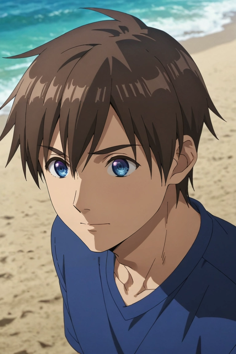 score_9, score_8_up, score_7_up, source_anime, rating_safe, , anime screencap, , official style, , depth of field, 1boy, solo, male focus, <lora:kyouya_hashiba_pony:0.84>, kyouya_hashiba, brown hair, blue eyes, short hair, bangs, hair between eyes, straight-on, beach, ocean, waves, island, day, sunny, jumping, giggling, , <lora:sdxl_lightning_8step_lora:1>