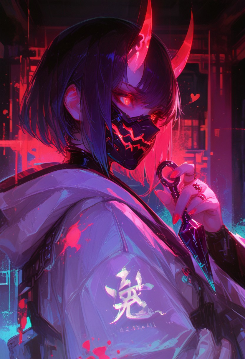 <lora:EtherPDXLStyleXL:1>, best quality, masterpiece, EtherPDXLStyle, 1girl, detached virtual oni horns, Putting on a virtual  holographic oni mask with red glowing eyes and wielding 2 glowing  green neon kunai while throwing several kunais with the other hand while covering her face in defense position , Shinobi shozoku, cyber ninja wear,, from front , detailed background, full body,dynami ninja pose, , short hair, , closed mouth, ring, see-through, , gloves, ,, jewelry, cyberpunk shrine, shrine background, neon nail polish, fingernails,straight virtual cyper oni horns, wide sleeves, red eyes, lace, (glowing kunai:1.5), neon kunai, glowing, upper body, portrait, glitch, blacklight makeup, colorful,blood splatter , paint splatter,paint splatter wings, abstract background, looking back, multicolored background, from side, hooded jacket, heart, chromatic aberration