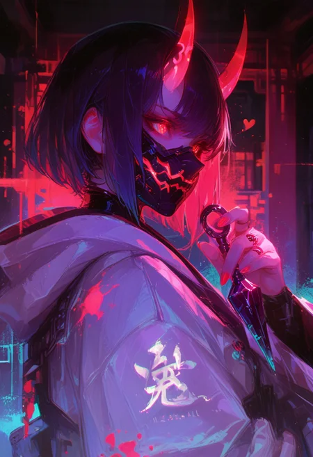 <lora:EtherPDXLStyleXL:1>, best quality, masterpiece, EtherPDXLStyle, 1girl, detached virtual oni horns, Putting on a virtual  holographic oni mask with red glowing eyes and wielding 2 glowing  green neon kunai while throwing several kunais with the other hand while covering her face in defense position , Shinobi shozoku, cyber ninja wear,, from front , detailed background, full body,dynami ninja pose, , short hair, , closed mouth, ring, see-through, , gloves, ,, jewelry, cyberpunk shrine, shrine background, neon nail polish, fingernails,straight virtual cyper oni horns, wide sleeves, red eyes, lace, (glowing kunai:1.5), neon kunai, glowing, upper body, portrait, glitch, blacklight makeup, colorful,blood splatter , paint splatter,paint splatter wings, abstract background, looking back, multicolored background, from side, hooded jacket, heart, chromatic aberration