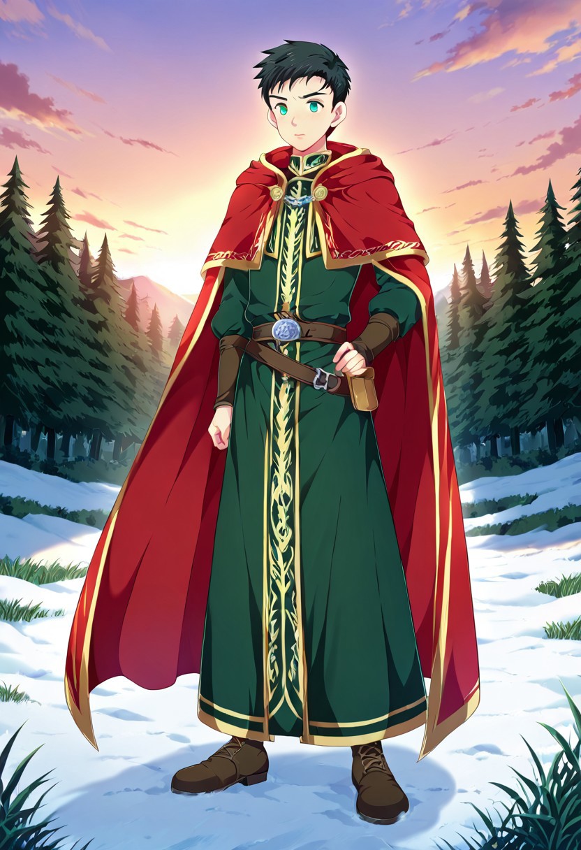 yuto_umemura, black hair, short hair, mint green eyes, 1boy, solo, male focus, wearing intricate Scandinavian royal medieval outfit, noble and elegant, long cloak with silver embroidery, leather belts and armor accents, standing in a misty Nordic forest, soft snow on the ground, twilight sky, ancient runestones nearby, cinematic lighting, detailed background, fantasy style, high quality, detailed eyes, detailed draw