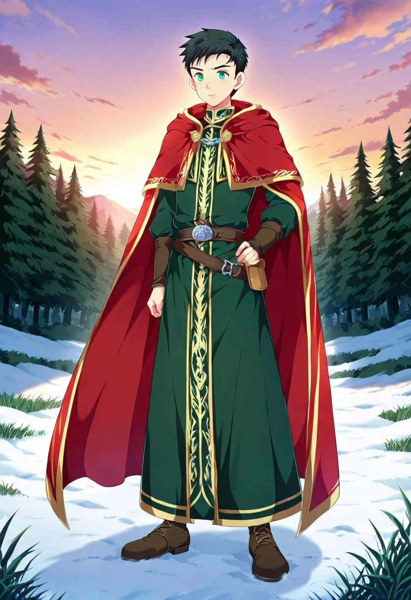 yuto_umemura, black hair, short hair, mint green eyes, 1boy, solo, male focus, wearing intricate Scandinavian royal medieval outfit, noble and elegant, long cloak with silver embroidery, leather belts and armor accents, standing in a misty Nordic forest, soft snow on the ground, twilight sky, ancient runestones nearby, cinematic lighting, detailed background, fantasy style, high quality, detailed eyes, detailed draw