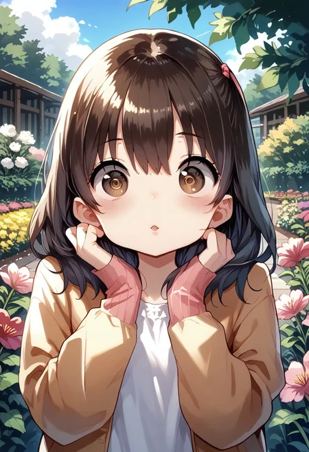 score_9, score_8_up, score_7_up, source_anime, masterpiece, absurdres, perfect face, solo cute expression, perfect face, PonsukeP, 1girl, solo, dark hair, dark brown eyes, bright eyes, split lips, blush, cute, garden, day, flowers.