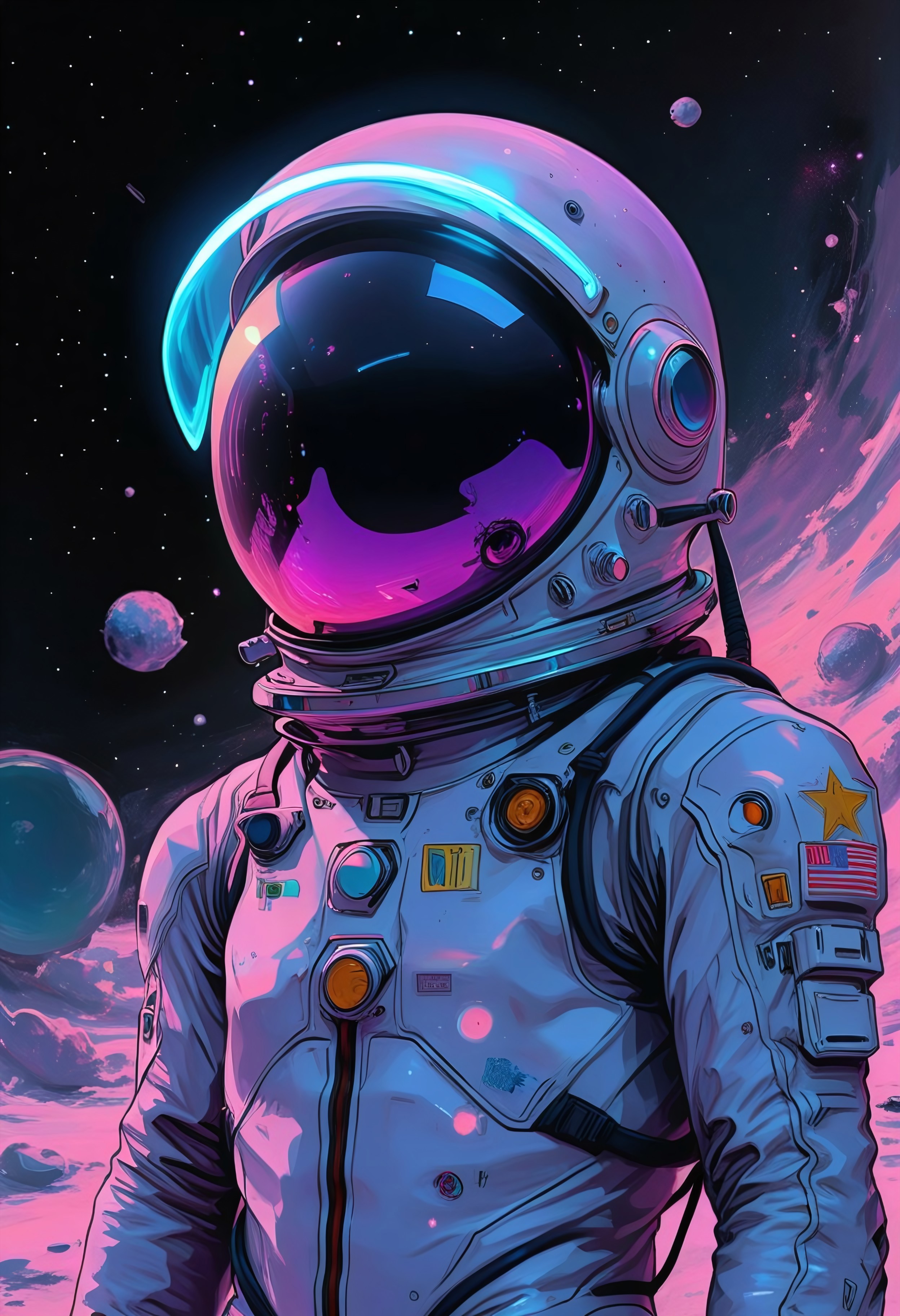 neonfusion, A close-up of an astronaut stranded in the vast void of space, his helmet reflecting countless distant stars and cosmic glows. The scene has a surreal, dreamy atmosphere, with soft bioluminescent light accents enveloping the edges of the suit. The astronaut’s reflective visor shows the dark abyss of space, with faint nebula colors and glimmering light streaks hinting at his isolation. The suit features intricate details, subtly illuminated by celestial light. The background fades into a velvety, black void, emphasizing the contrast with the helmet’s glowing reflections and the cosmic elements surrounding him. The entire composition feels ethereal, cinematic, and awe-inspiring, painted with vivid, harmonious colors in a high-resolution style.
