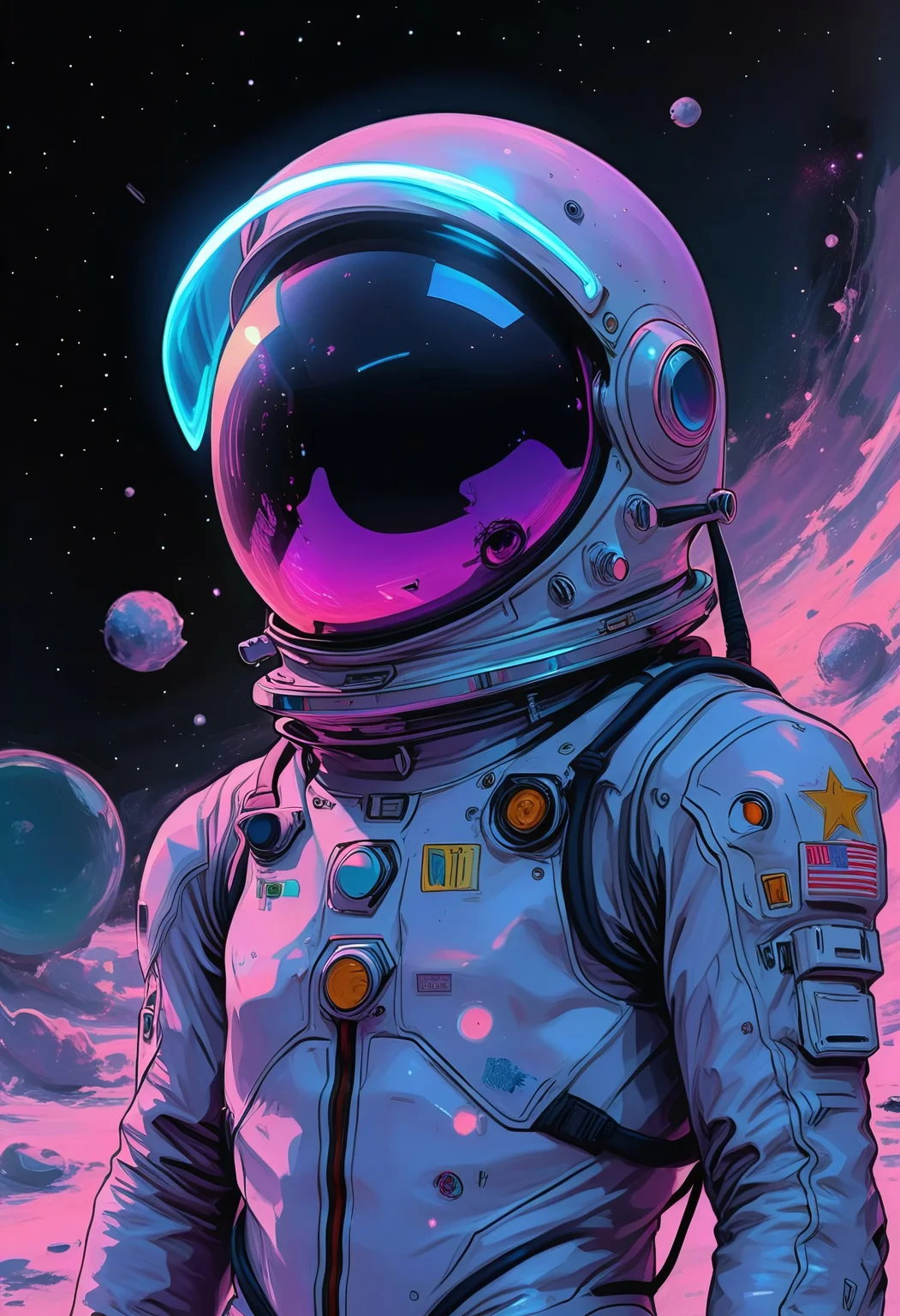neonfusion, A close-up of an astronaut stranded in the vast void of space, his helmet reflecting countless distant stars and cosmic glows. The scene has a surreal, dreamy atmosphere, with soft bioluminescent light accents enveloping the edges of the suit. The astronaut’s reflective visor shows the dark abyss of space, with faint nebula colors and glimmering light streaks hinting at his isolation. The suit features intricate details, subtly illuminated by celestial light. The background fades into a velvety, black void, emphasizing the contrast with the helmet’s glowing reflections and the cosmic elements surrounding him. The entire composition feels ethereal, cinematic, and awe-inspiring, painted with vivid, harmonious colors in a high-resolution style.