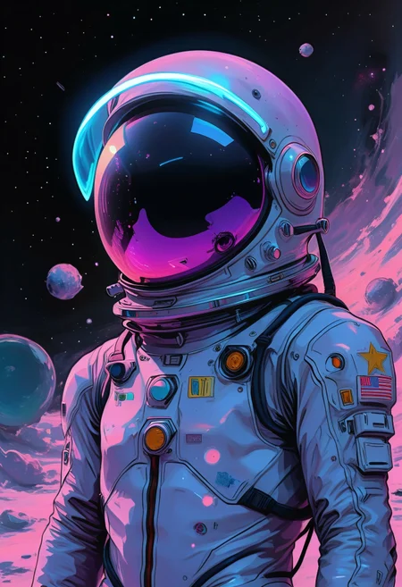 neonfusion, A close-up of an astronaut stranded in the vast void of space, his helmet reflecting countless distant stars and cosmic glows. The scene has a surreal, dreamy atmosphere, with soft bioluminescent light accents enveloping the edges of the suit. The astronaut’s reflective visor shows the dark abyss of space, with faint nebula colors and glimmering light streaks hinting at his isolation. The suit features intricate details, subtly illuminated by celestial light. The background fades into a velvety, black void, emphasizing the contrast with the helmet’s glowing reflections and the cosmic elements surrounding him. The entire composition feels ethereal, cinematic, and awe-inspiring, painted with vivid, harmonious colors in a high-resolution style.