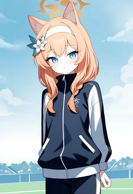 score_9, score_8_up, score_7_up, upper body Mari_(Track)_(Blue_Archive), blue_eyes, orange_hair, braid, long_hair, flat_chest, halo, hair_flower, animal_ear_fluff, gym_long pants,blue_pants,track_jacket, blue_jacket, white_hairband Mari_(Blue_Archive), Mari_(Blue_Archive), indoor upper body, ncpy45 style watercolor,upper body