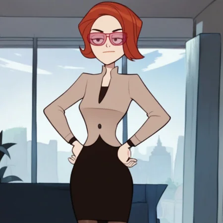 score_9,score_8_up,score_7_up, (masterpiece), best quality, expressive eyes, amazing quality, solo, 1girl, hands on hips, pantyhose, closed mouth, indoors,  black skirt,  skirt, sunglasses