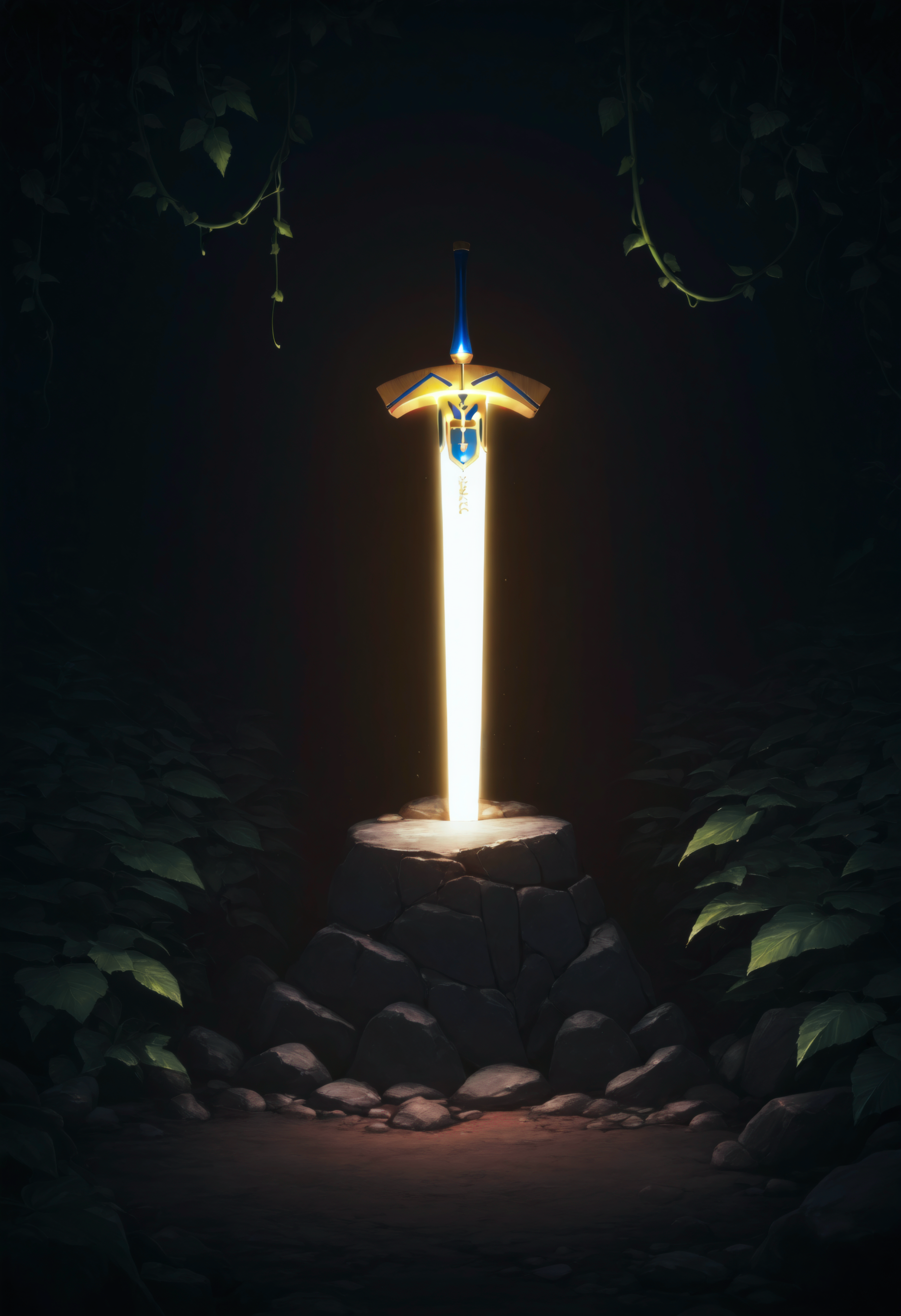 scenery, no human, planted sword, excalibur \(fate/stay night\), vine, leaf, dark, dark theme, illuminated by sword, stone, rock, masterpiece, best quality