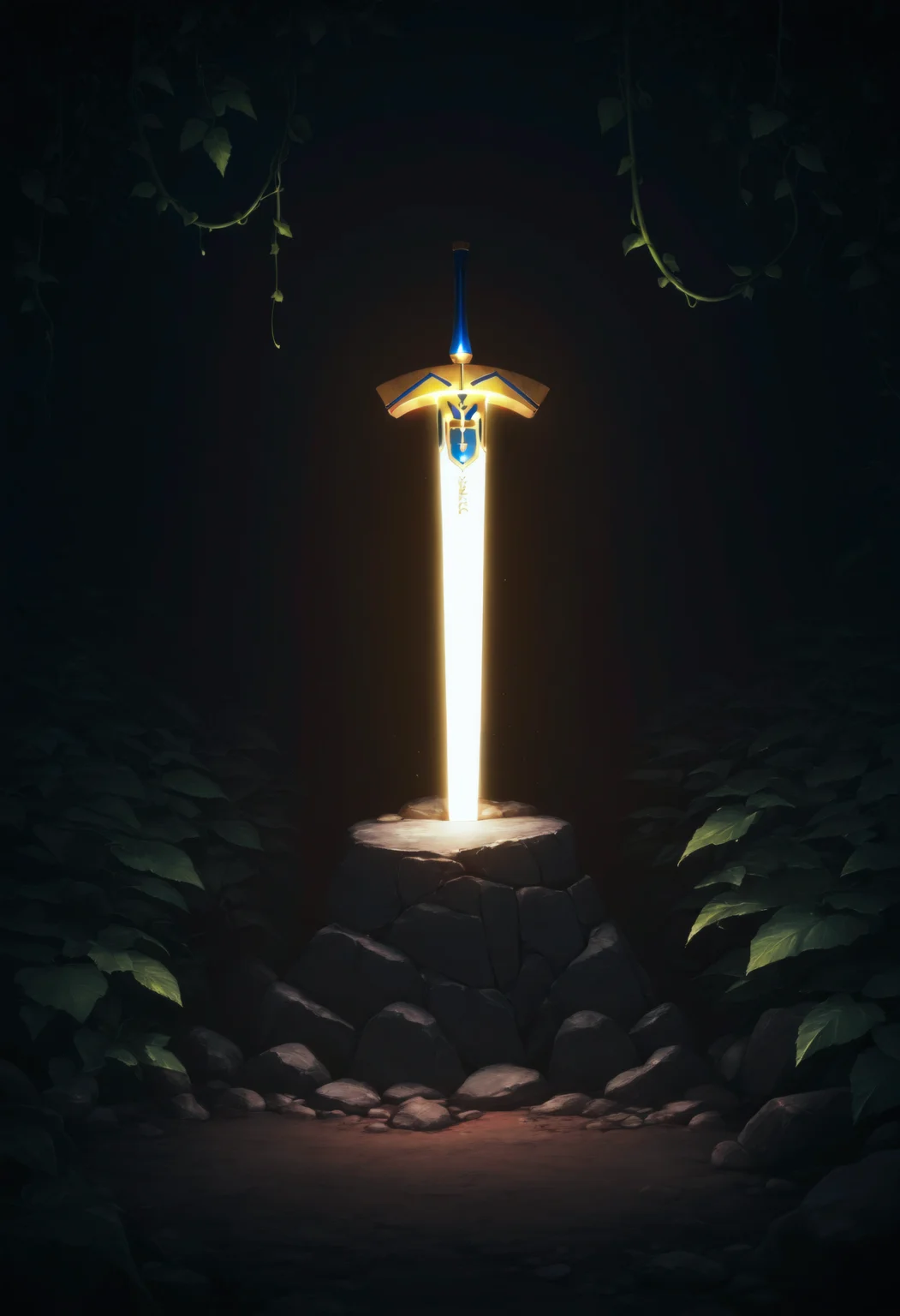 scenery, no human, planted sword, excalibur \(fate/stay night\), vine, leaf, dark, dark theme, illuminated by sword, stone, rock, masterpiece, best quality