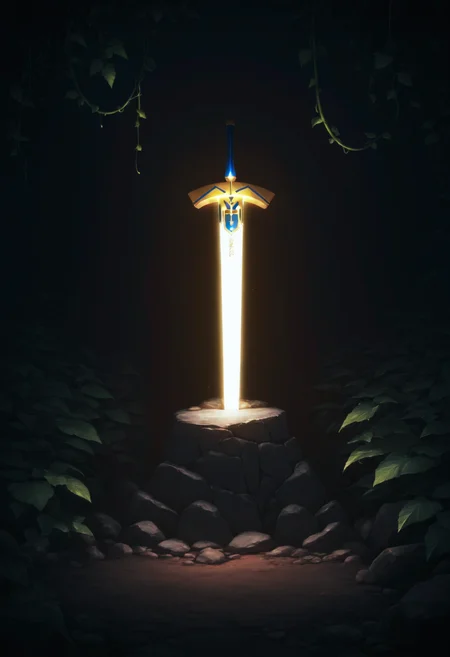 scenery, no human, planted sword, excalibur \(fate/stay night\), vine, leaf, dark, dark theme, illuminated by sword, stone, rock, masterpiece, best quality