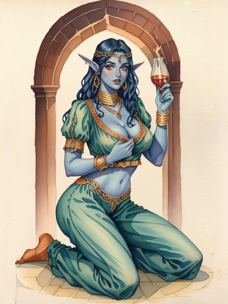 score_9, score_8_up, score_7_up, oblivionarts, solo, bar wench, 1girl, kneeling, elf, ((cobalt blue skin)), colored skin, female focus, ((dark elf)), red eyes, sheer shirt, sheer panties, juliet sleeves, sheer pants, genie pants, exposed midriff, massive tits, ((bottomless)), cleavage, bejeweled diadem, elf ears, goblet in hand, simple background, traditional art, medieval aesthetic, <lora:Oblivion:1>