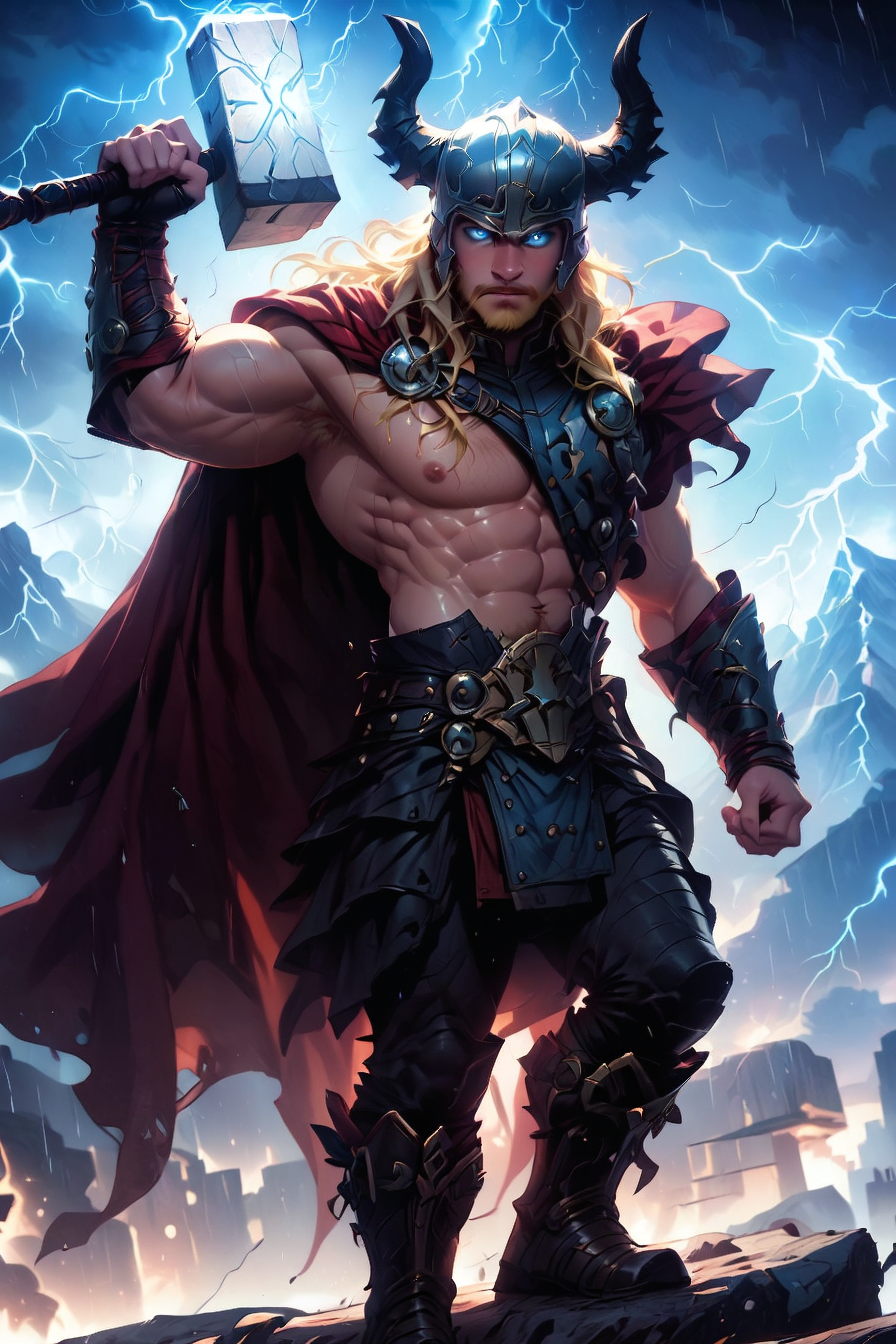 score_9, score_8_up, score_7_up, 8k, very detailed, high detailed texture, depth of field, golden hour, cinematic illumination, volumetric lighting, mountain, standing on a cliff  <lora:AIPansen_Thor-000008:0.8>1boy, cape, facial hair, beard, helmet, electricity, lightning, blonde hair, hammer, armor, blue eyes, horns, weapon, rain, glowing, long hair, muscular, glowing eyes, abs, boots, muscular male, fingerless gloves, <lora:Realistic_2.5DAnime_Merge1:0.8> <lora:EnvyPonyPrettyEyes01:0.8> <lora:princess_xl_v2:0.8>