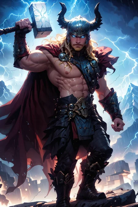 score_9, score_8_up, score_7_up, 8k, very detailed, high detailed texture, depth of field, golden hour, cinematic illumination, volumetric lighting, mountain, standing on a cliff <lora:AIPansen_Thor-000008:0.8>1boy, cape, facial hair, beard, helmet, electricity, lightning, blonde hair, hammer, armor, blue eyes, horns, weapon, rain, glowing, long hair, muscular, glowing eyes, abs, boots, muscular male, fingerless gloves, <lora:Realistic_2.5DAnime_Merge1:0.8> <lora:EnvyPonyPrettyEyes01:0.8> <lora:princess_xl_v2:0.8>