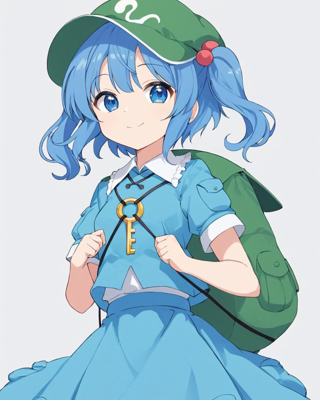 kawashiro nitori,1girl, solo, hair_bobbles, green_headwear, backpack, white_background, simple_background, smile, blue_skirt, flat_cap, two_side_up, short_sleeves, blue_shirt, key, sidelocks, looking_at_viewer, closed_mouth, pocket, v, twintails, skirt_set
<lora:kawashiro_nitori_image4714_2023-12-17:1>,star-shaped_pupils,symbol-shaped_pupils,. gorgeous,key visual, vibrant, studio anime,award-winning, professional, highly detailed,high budget, cinemascope