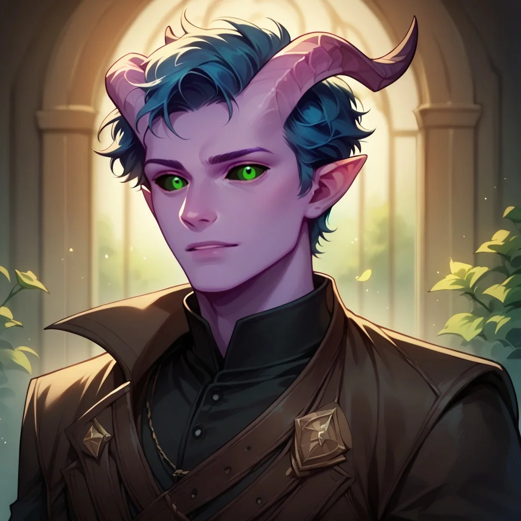 (((detailed, beautiful, high quality))), score_9, score_8_up, score_7_up, upper body, solo,
tiefling, pointed ears, horns, tail, black sclera,
1 male, purple skin, green eyes, blue hair, short hair, curly hair, black cape, black shirt,
looking at the viewer, posing,
fantasy background, blurred background,