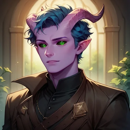 (((detailed, beautiful, high quality))), score_9, score_8_up, score_7_up, upper body, solo, 
tiefling, pointed ears, horns, tail, black sclera,
1 male, purple skin, green eyes, blue hair, short hair, curly hair, black cape, black shirt,
looking at the viewer, posing, 
fantasy background, blurred background,