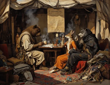 <lora:funnys:1>, This is a high-resolution, ultra-realistic CGI-rendered illustration reimagining Ilya Repin's masterpiece "The Zaporozhian Cossacks Write a Letter to the Turkish Sultan" with anthropomorphic animal characters. Every detail is rendered with meticulous precision, capturing lifelike textures and lighting that blur the line between reality and artistry. The scene features four distinct anthropomorphic animalsâa bear, a hare, a fox, and a wolfâeach portrayed with anatomically accurate proportions, realistic fur, and expressive human-like gestures.,
At the heart of the composition sits the towering bear, his immense frame draped in a tunic made of coarse, handwoven fabric. His thick fur, rendered with photorealistic detail, shows individual strands catching the sunlight streaming through gaps in the tent roof. Each hair glistens subtly, creating a tactile sense of depth and realism. His weathered face conveys intense emotion as he dictates the letter, his deep-set eyes gleaming with fiery determination while his broad paws gesture emphatically. A faint scar runs along his left cheek, adding to his rugged appearance.,
To his right, the fox perches on a wooden stool, her lithe form poised with practiced elegance. Her sleek orange fur shimmers under the soft golden light, each strand meticulously textured to reflect her movements. She holds a quill pen delicately yet confidently in her slender fingers, pausing occasionally to glance up at the bear with a sly smile before returning to the parchment. Her sharp amber eyes glint with mischief as she adds exaggerated insults to the letter, her whiskers twitching with restrained laughter.,
Nearby, lounging on a pile of intricately patterned woven rugs, is the hare. His lean body reclines against a stack of cushions, his long ears drooping slightly from the warmth of the room. His soft gray fur has been rendered with hyperrealistic precision, showing subtle variations in tone and texture where it catches the light. Dressed in a patched vest and loose trousers, his relaxed posture contrasts humorously with the animated energy around him. In one paw, he cradles a ceramic mug filled with steaming tea, its surface reflecting tiny ripples as he raises it in mock celebration of their defiance.,
Standing at the edge of the group, leaning casually against a wooden support beam, is the wolf. His imposing figure commands attention despite his reserved stance. His dense gray fur is marked with faint scars and dirt smudges, evidence of battles fought and hardships endured. His piercing blue eyes scan the scene with quiet vigilance, betraying a hint of amusement when the others grow particularly boisterous. His cloak, woven from coarse wool, drapes naturally over his shoulders, with every fold and crease rendered in stunning detail.,
The setting is brought to life with breathtaking realism: the makeshift tent is constructed from weathered canvas, its fibers frayed and stained with age. Sunlight filters through cracks in the roof, casting dynamic shafts of light across the scene and highlighting dust particles suspended in the air. Rough-hewn wooden furniture fills the spaceâbenches, stools, and tables carved with visible tool marksâand colorful woven rugs cover the earthen floor, their intricate patterns rendered with photographic clarity. Weapons hang from pegs on the walls, including sabers and muskets, their metallic surfaces reflecting soft highlights.,
On the central table lies the half-written letter, its parchment illuminated by the natural light. Ink stains dot the edges of the paper, and scattered inkpots and quills sit nearby, some tipped over from the chaos of writing. Empty mugs and plates litter the area, remnants of a recent meal shared among comrades. Above the bustling scene hangs a faded banner bearing the inscription: "Freedom cannot be tamed.",
Every element of this ultra-realistic depictionâfrom the delicate reflections on the ceramic mugs to the fine hairs of the animalsâ furâis crafted with extraordinary attention to detail. The result is an immersive visual experience that captures not only the humor and camaraderie of the original painting but also elevates it into a world where these anthropomorphic characters feel alive, tangible, and utterly convincing.
