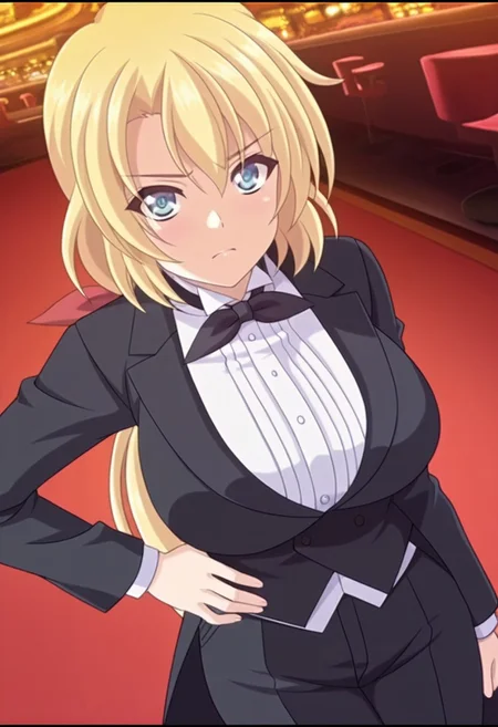 general,highres, ultra-detailed,very aesthetic,best quality ,best hands,best eyes,easynegative,
dynamic anglre, dutch angle, anime cloring,anime screencap,
1girl solo,looking at viewer,casino,hand on hip,
Nadia Mizunashi,blonde_hair, hair ribbon, red ribbon, butterfly ribbon, blue_eyes, huge_breasts,low ponytail,butler, black tuxedo jacket,black pants,