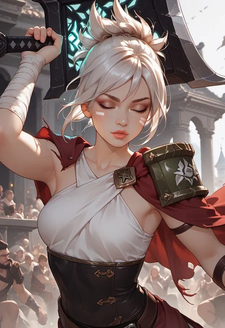 masterpiece,best quality, highly detailed, score_9, score_8_up, score_7_up, score_6_up, score_5_up, score_4_up, ((zPDXL3)), ((zPDXLxxx)), solo, rvn, white hair, short hair, ponytail, rvn, short hair, ponytail, facial mark, eyeshadow, top, criss-cross halter, single pauldron, shoulder armor, single glove, bandaged arm, corset, belt, skirt, single greave, (huge weapon, sword, broken weapon, magic), ((action pose)), (tanned skin), Expressiveh, 30yo, adult lustful confident woman, petite, slender body, perky saggy natural breasts, full lips, bangs, sidelocks, straps,
chinese magical sorceress, animated, swirling magic, wisps of magic, dancing pose, tight squeezed outfit, magical accessories, evoking motion, conveying motion, dynamic splash art