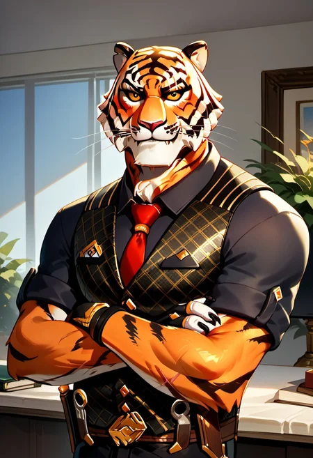 score_9_up, score_8_up, score_7_up, Masterpiece, best quality, high quality, detailed, Oscar, Fortnite Oscar, broad shoulders, mature male, orange eyes, yellow sclera, athletic build, animal ears, tiger, orange body, scars, anthro, anthro male, muscle gut, smiling, looking at viewer, arms crossed, standing, lavish office, black vest, black collared shirt, red tie, fingerless gloves, half body