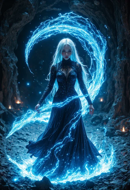 fantasy art of a female warrior, wielding a large (((glowing blue scythe))) with dark organic patterns, BREAK wearing an elegant flowing blue gown resembling water, BREAK surrounded by floating petals, BREAK ethereal magical energy around the weapon BREAK watery floor BREAK dynamic movement, mystical and graceful tone, BREAK epic, 4k, highres, incredibly absurdres, masterpiece, best quality, dreamwave, HKMagic  <lora:FLUX - Sinfully_Stylish (Dramatic Lighting):0.7> <lora:FLUX - Dreamwave Abstract Style ( dreamwave ):0.7><lora:FLUX - FantasyWizardWitches (HKMagic):0.6>