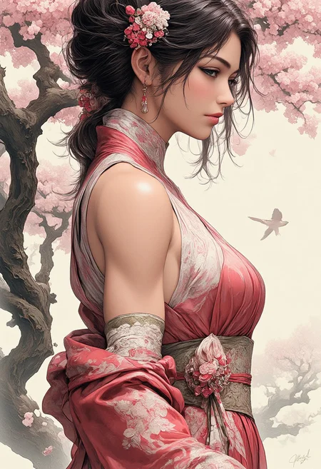 ArsNijiStyle, side portrait, Ink freehand brushwork style, an elegant Japanese woman wearing a silk dress, serene expression, standing under sakura trees, blossoms falling gently in the breeze, dappled sunlight