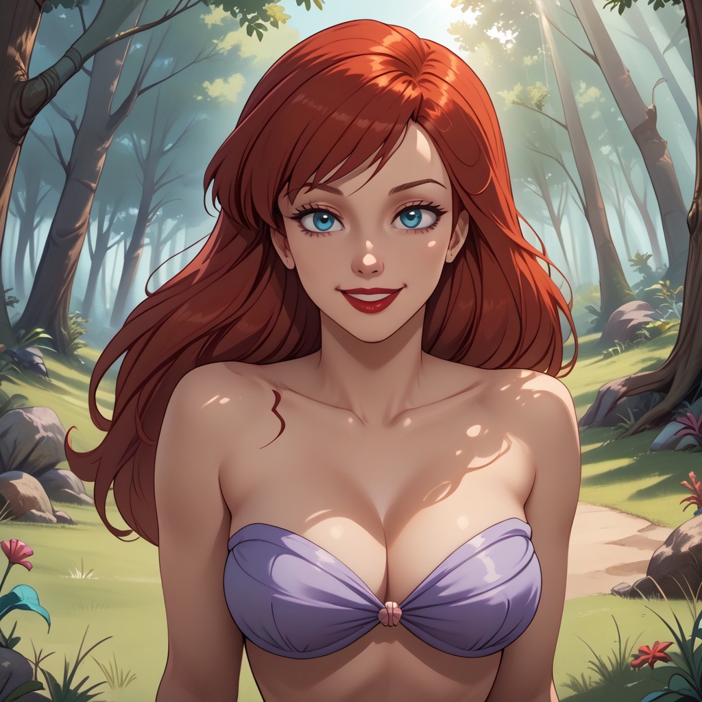 score_9, score_8, BREAK, Ariel, 1girl, blue eyes, red hair, long hair, side bangs, red lips, purple bikini, strapless bikini, (seashell bikini), sexy pose, self portrait, smile, outdoors, sunlight, shadows, evening lighting, natural lighting, forest, trees, grass, orange sky, sunset