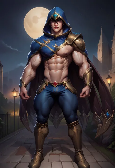 Gay, score_9,score_8_up,score_7_up, yaoi, 1boy, solo, male focus, ClassicTalon, male focus, brown hair, brown eyes, light skin, hood, hood up, hair between eyes, handsome boy, narrow features, armor, cape, pants, knee boots, arm blade, perfect eyes, thick eyebrows, small waist, narrow features, sharp nose, Muscles definition, hyper defined muscles, veiny, veins, veiny muscles, (hyper muscle:1.1), abs, male focus, hyper bulge, parkour, parkour pose, outside, night time, night, dark sky, moon,