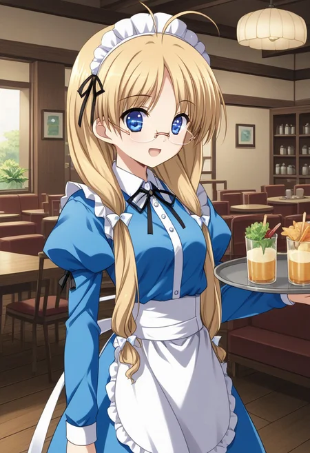 1girl, solo, yukiponeleeyes, blonde hair, long hair, low twintails, low-tied long hair, hair ribbon, ahoge, blue eyes, glasses, rimless eyewear, maid headress, blue dress, long sleeves, waist apron, indoors, restaurant, cowboy shot, holding, tray, waitress, open mouth, smile