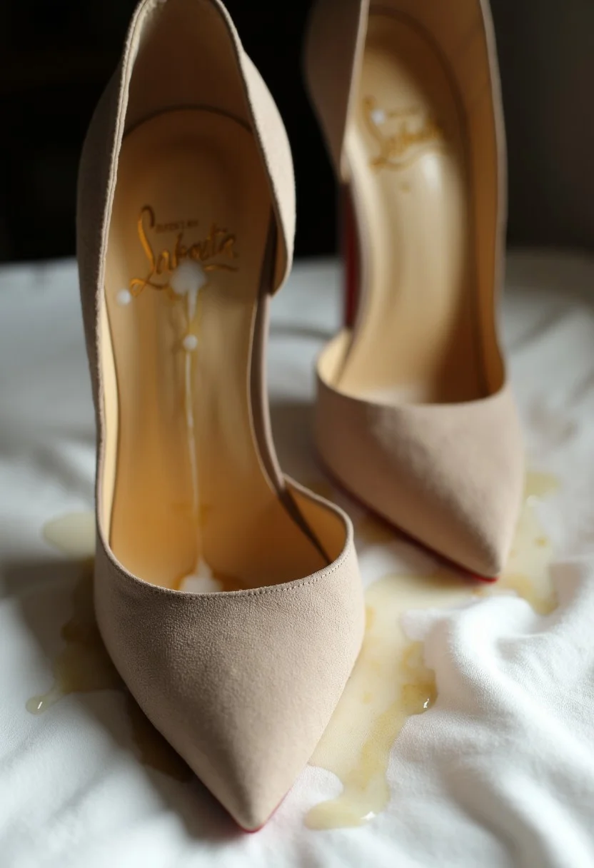 The image is an iPhone raw photo of a pair of cum soaked high heels. The heels are nude-colored suede pumps with a pointed toe and a thin stiletto heel. The brand name "Christian Louboutin" is visible on the shoe's sole. The shoes are drenched in a considerable amount of white cum, which has soaked into the suede, giving it a darker, wet appearance. The mood is intensely nasty and horny, with the cum creating a stark contrast against the suede texture. The photo is taken from a low angle, focusing on the heels with a soft, natural light illuminating the scene, likely set in an elegant bedroom or a luxurious setting.