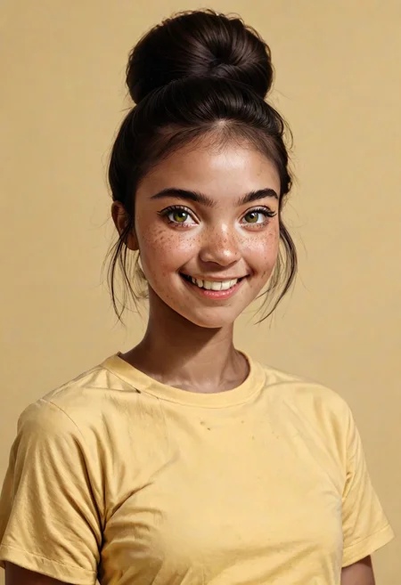 score_9, score_8_up
BREAK
1girl, (dark skin:0.4), prettyface, Manic Pixie, dark hair, hairbun, freckles, cute smile, yellow t-shirt, friendly, seductive, (girl next door:1.5), teeth visible
BREAK
FOV medium shot, simple background