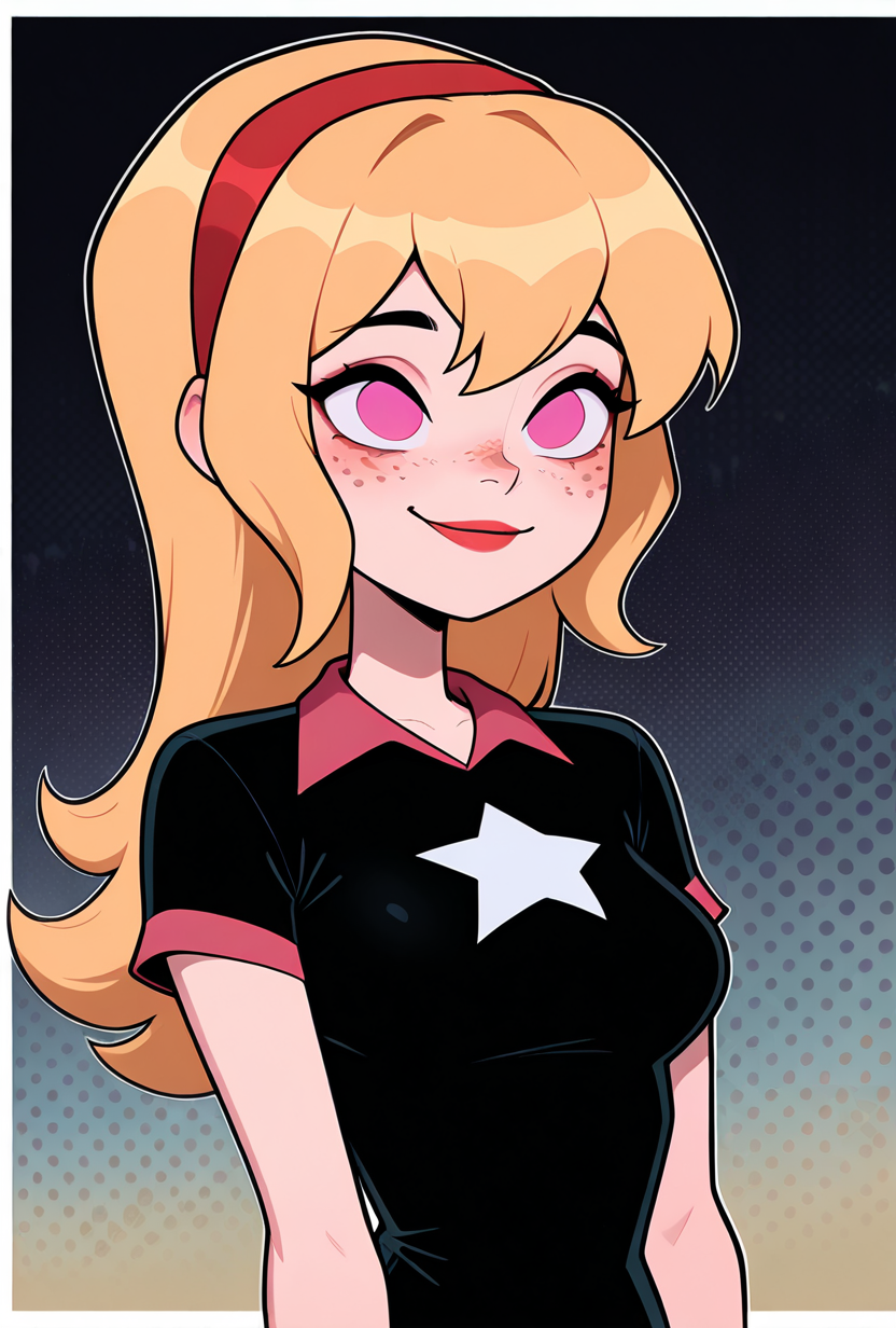 <lora:lucybig:1>, lucybig, long hair, blonde hair, red hairband, pink eyes, lipstick, smile, short sleeves, star (symbol), short dress, black dress, freckles,, masterpiece, best quality, amazing quality, very aesthetic, absurdres, newest,, upper body, halftone effect, white borders, abstract background:1.2,