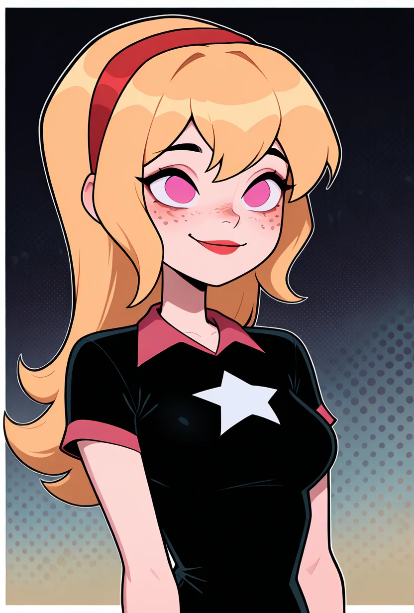 <lora:lucybig:1>, lucybig, long hair, blonde hair, red hairband, pink eyes, lipstick, smile, short sleeves, star (symbol), short dress, black dress, freckles,, masterpiece, best quality, amazing quality, very aesthetic, absurdres, newest,, upper body, halftone effect, white borders, abstract background:1.2,