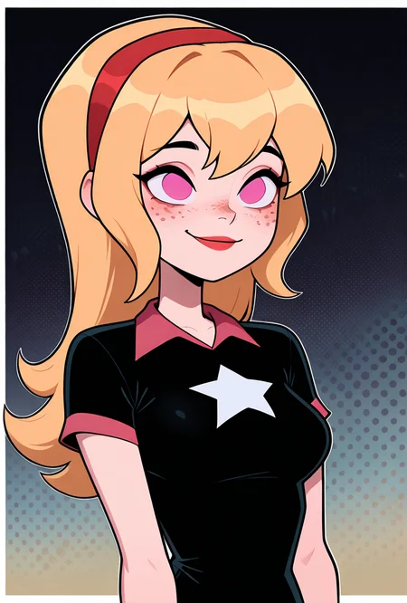 <lora:lucybig:1>, lucybig, long hair, blonde hair, red hairband, pink eyes, lipstick, smile, short sleeves, star (symbol), short dress, black dress, freckles,, masterpiece, best quality, amazing quality, very aesthetic, absurdres, newest,, upper body, halftone effect, white borders, abstract background:1.2,