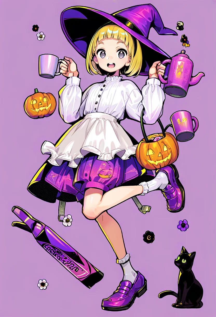 1girl,original,black cat,blonde hair,blunt bangs,cake,cat,cup,flower,food,hairband,hands up,hat,holding,holding cup,open mouth,purple background,purple footwear,purple headwear,short hair,shorts,socks,solo,teeth,upper teeth only,white socks,witch hat,white flower,frills,smile,grey eyes,shoes,standing on one leg,standing,full body,puffy long sleeves,long sleeves,apron,simple background,shirt,white shirt,puffy sleeves,purple theme,black hairband,looking at viewer,:d,purple shorts,mug,frilled apron,waist apron,jack-o'-lantern print,halloween bucket <lora:gyokaiXL_NBVP1_lokr_V6311P:0.95>